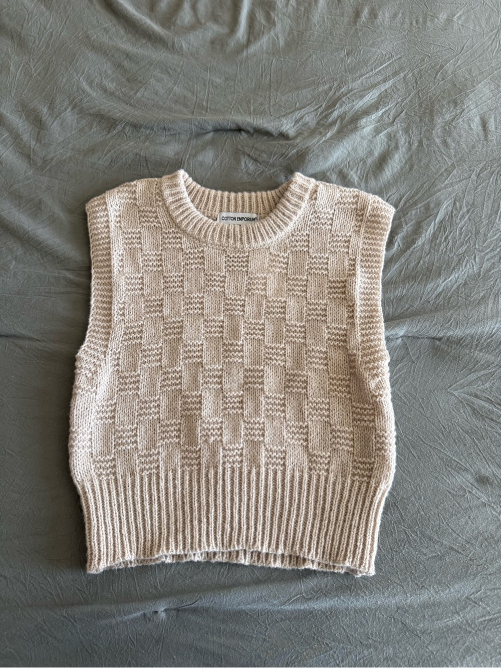 Cotton Emporium Beige Checker Knit Sleeveless Sweater Vest